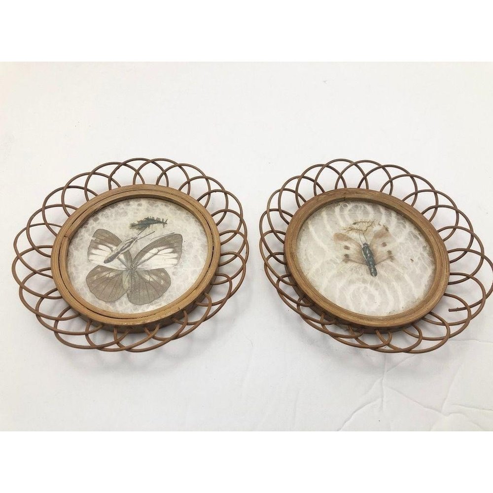 2 Vintage Wicker Butterfly Moth Boho Coasters